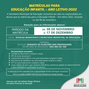 EDUCAÇÃO INFANTIL 2022: Matrículas abertas