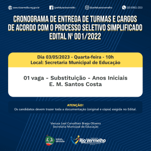 CRONOGRAMA DE ENTREGA DE TURMAS E CARGOS DE ACORDO COM O PROCESSO SELETIVO Nº 001/2022