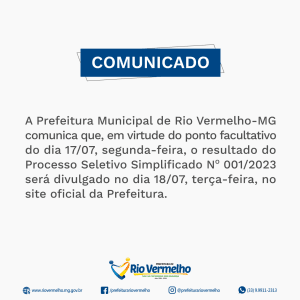PREFEITURA DE RIO VERMELHO COMUNICA: